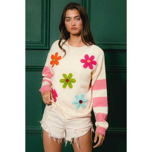 BiBi Colorful Floral Patches Striped Sleeves Relaxed Pullover Sweater | Oatmeal - Picture 2 of 9